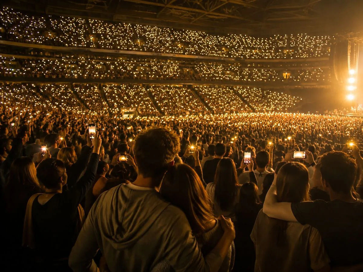 Stadium crowd with phones raised during the Silk Sonic set